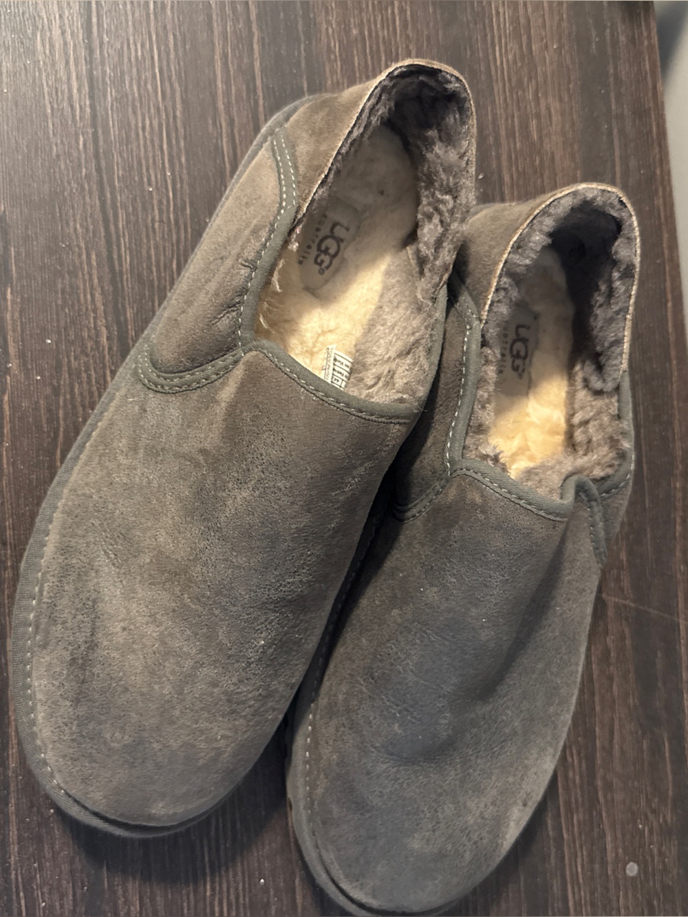 UGG Men’s Charcoal Suede Shearling-Lined Slip-Ons